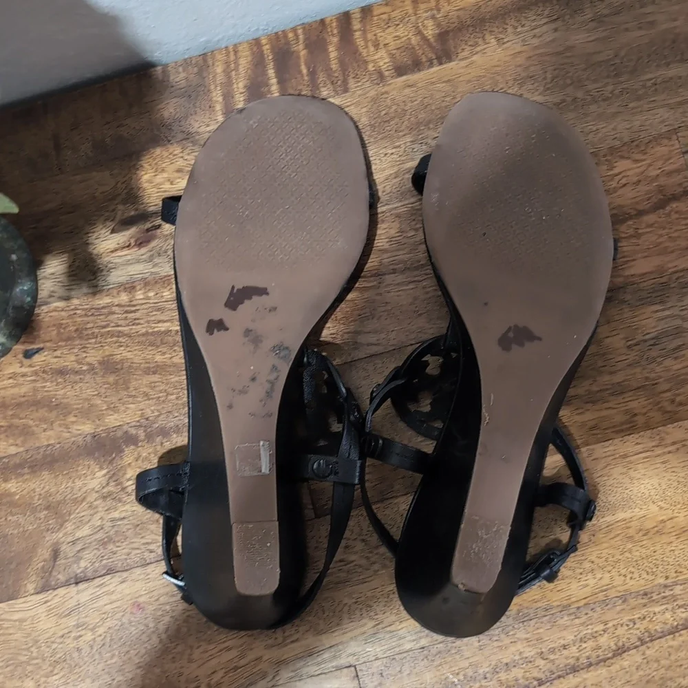 Tory Burch Miller Sandals Ankle Strap Wedge‎ Women 8M Black Leather Logo 5930
